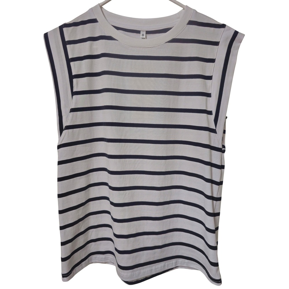 Grecerelle Striped Muscle Tee Sleeveless Crew Neck Tank Top White Black Size S